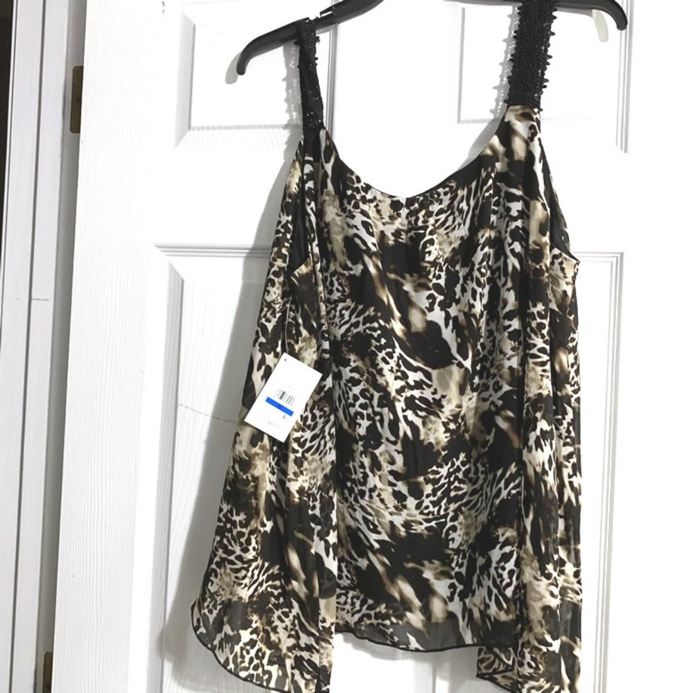 Kensie Animal Print Crochet Strap Chiffon Tank Top